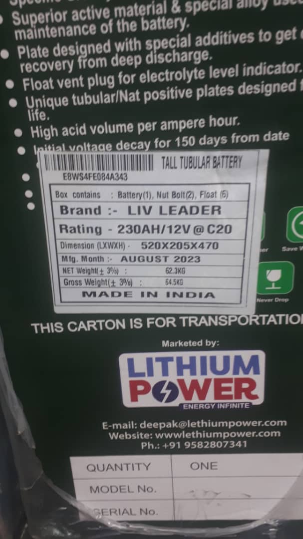 LEADER 230Ah Tall Tubular Battery  | India Battery
