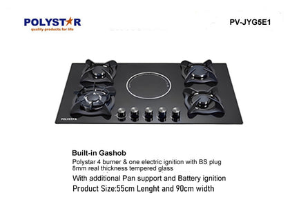 Polystar 4 Burner + 1 Hot Plate Built-in Gas hob Tempered Glass | PV-JYGE1