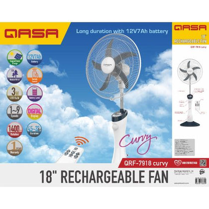 Qasa 18 Inches Rechargeable Standing Curvy Fan with Remote Control | QRF-7918 Qasa