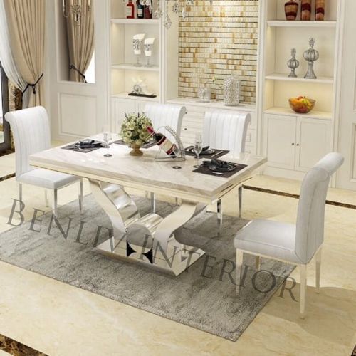 Marble Dinning Table Set With 4 Sitting Chairs (Silver) Generic