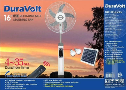 Duravolt 16 inches 3 in 1 Rechargeable Fan with Solar | DRF 3916 Solar duravolt
